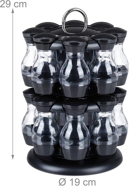 Relaxdays, Black/Silver Spice Carousel 16 Spice Jars Spice Rack 360° Rotatable H x D 29 x 19 cm Plastic