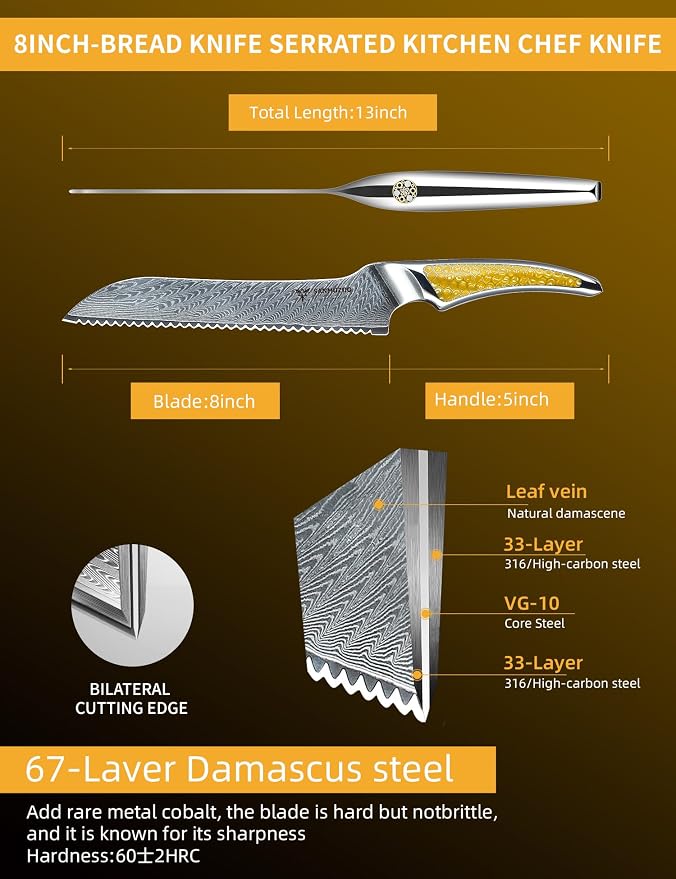 8 inch Serrated Bread Knife, Japanese VG-10 Damascus Steel Kitchen Knife, Ultra Sharp Bread Cutting Knife with Full-tang Handle in Yellow Resin, LA-S9 Series