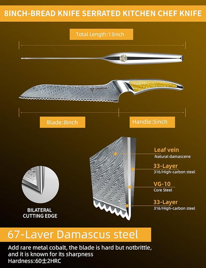 8 inch Serrated Bread Knife, Japanese VG-10 Damascus Steel Kitchen Knife, Ultra Sharp Bread Cutting Knife with Full-tang Handle in Yellow Resin, LA-S9 Series