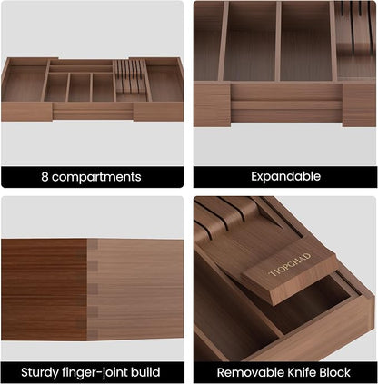 TIOPGHAD Bamboo-Silverware-Drawer-Organizer-Kitchen, Expandable Utensil Holder Cutlery Tray Flatware Organization Adjustable Wood Tableware Dividers Storage (with Removable Knife Block)(Brown)