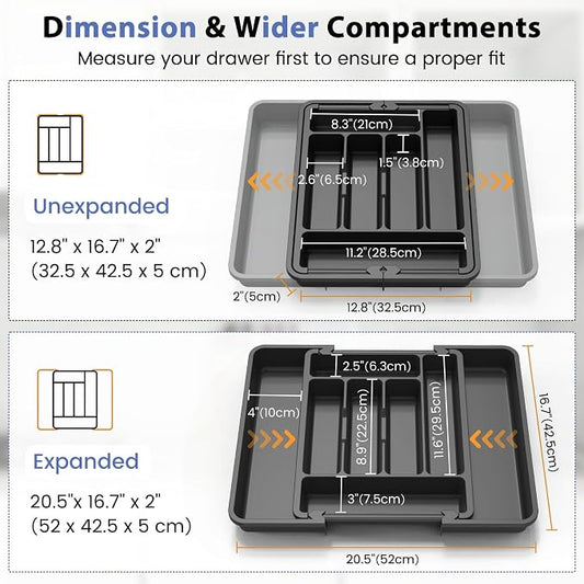 Caperci Large Silverware Organizer for Kitchen Drawer & Utensils - Expandable Drawer Organizer for Cutlery, Flatware & Gadget, BPA-Free Thick Plastic, Wider Compartments & Non-skid Feet (Black)