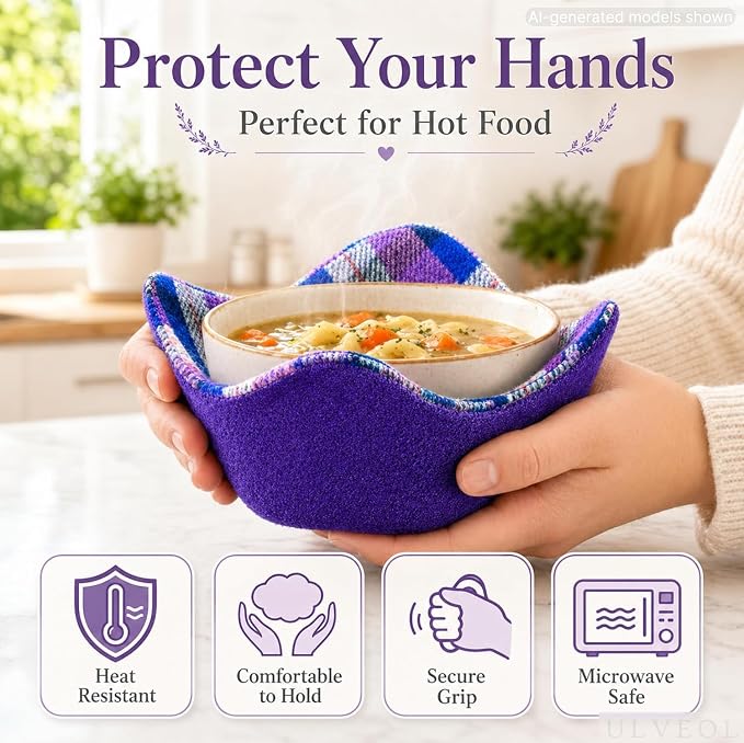 Set of 2 Purple with White Microwave Bowl Cloth Hot Pads - Multipurpose Heat Resistant Plate Holders - Hot Pads for Bouillon Cups - Pot Holder Microwavable Bowl Cozies for Food