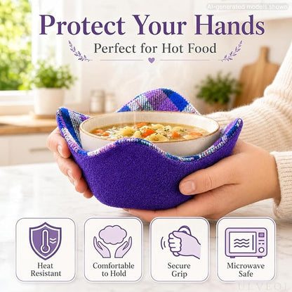 Set of 2 Purple with White Microwave Bowl Cloth Hot Pads - Multipurpose Heat Resistant Plate Holders - Hot Pads for Bouillon Cups - Pot Holder Microwavable Bowl Cozies for Food