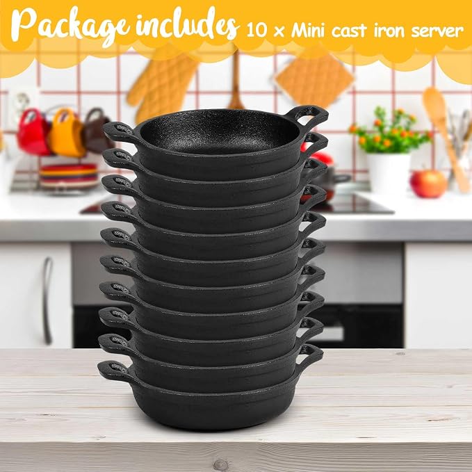 Ziliny 10 Pack Mini Cast Iron Skillets 5 x 5 x 1.3 Inch Cast Iron Pan Small Ramekin Set Black Casserole Dish Cookware Oven Safe Mini Skillets for Kitchen Indoor Outdoor Picnic