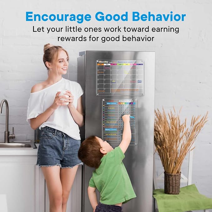 Clear Magnetic Acrylic Dry Erase Calendar for Fridge, Monthly & Weekly/Chore Chart Planning Board Set for Kids/Adults/Teens, Includes 7 Colorful Markers, 16"x12"