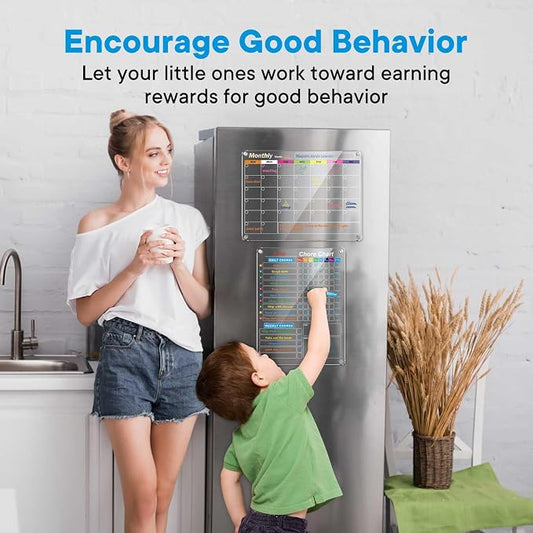 Clear Magnetic Acrylic Dry Erase Calendar for Fridge, Monthly & Weekly/Chore Chart Planning Board Set for Kids/Adults/Teens, Includes 7 Colorful Markers, 16"x12"