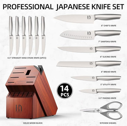KnifeSaga Knife Set Premium, Japanese High Carbon Stainless Steel 14 Pcs Kitchen Knives Block Set with Built-in Sharpener and Wood Block, Razor Sharp Knife Sets for Kitchen with Ergonomic Handle
