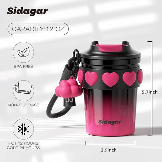 SDGA+ 12 OZ Travel Coffee Mug with Lid Spill Proof Leak Proof, Stainless Steel Thermal Coffee Tumbler for Hot and Cold, Resuable Insulated Coffee Cup For Women, Black and Pink
