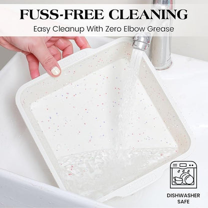 8x8 inch Silicone Square Cake Pan with Metal Reinforced Frame, Nonstick Brownie Pan for Baking, BPA Free Set of 2 (Cream)