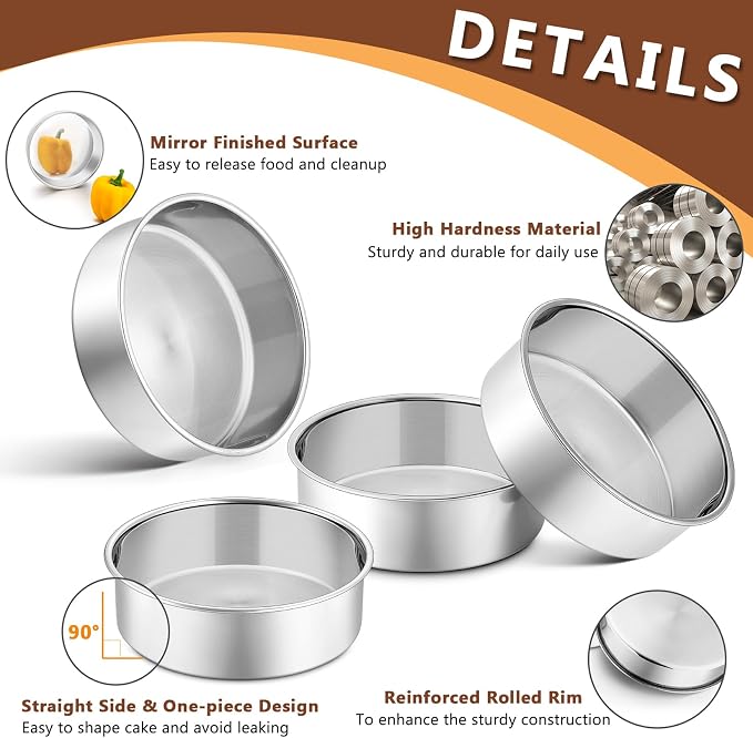 P&P CHEF 6 Inch Cake Pan Set of 4, Stainless Steel Baking Round Cake Pans Tins Bakeware for Birthday Wedding, Leak-proof & Easy Clean, Mirror Finish & Easy Releasing