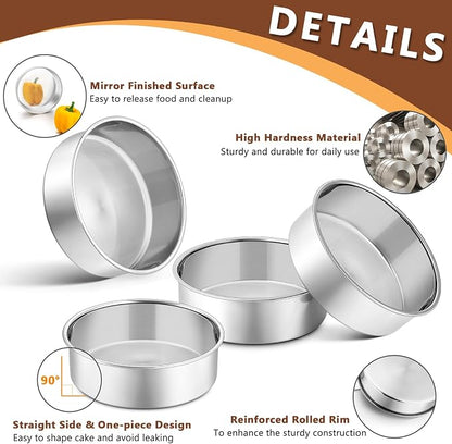 P&P CHEF 6 Inch Cake Pan Set of 4, Stainless Steel Baking Round Cake Pans Tins Bakeware for Birthday Wedding, Leak-proof & Easy Clean, Mirror Finish & Easy Releasing