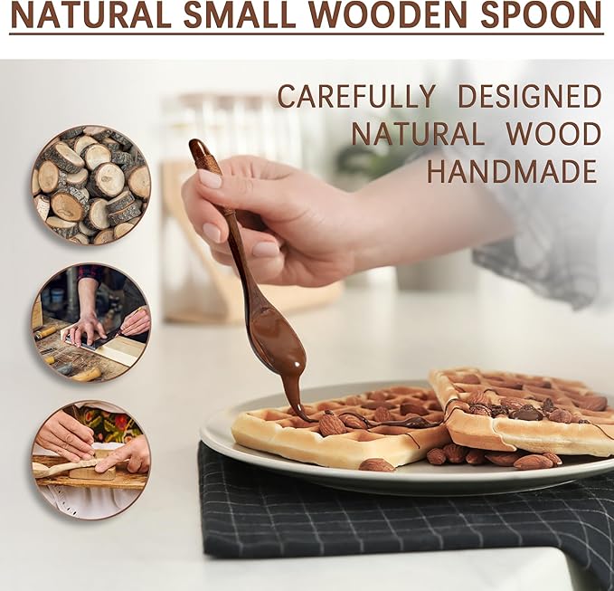 6 PCS Wooden Spoons for Honey, 6.7 inch Small Wooden Spoons - Terrific for Tea, Coffee & Soup, Little Wood Serving Table Spoon Set, Bulk Bamboo Teaspoon for Eating with Wrapped Handles