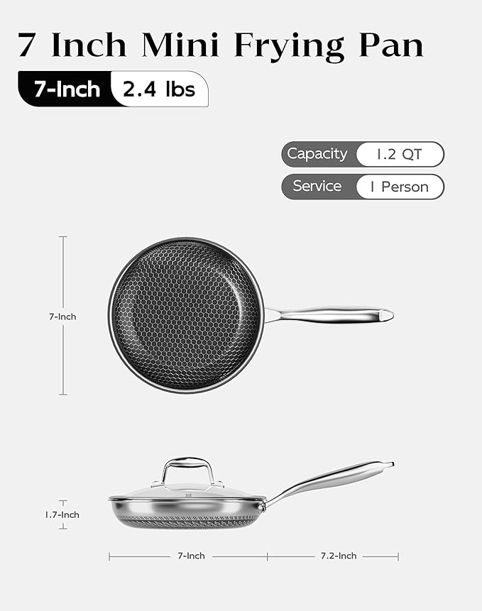 Nonstick Frying Pan with Lid 7-Inch, Durable Stainless Steel Skillet, Induction Cooktop Compatible, PFOA-Free Scratch-Proof, Dishwasher & Oven Safe, Stay-Cool Handle, Silver Kitchen Cookware
