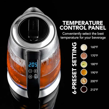 OVENTE Electric Tea Kettle with Temperature Control and Removable Tea Infuser, 1500W Water Boiler and Heater with 1.8L Borosilicate Glass, BPA Free, Auto Shut Off & Boil Dry Protection, Silver KG6610S