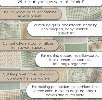 Cotton Satin Patchwork Fabric Panel – 35 Designs, 20×20 cm Squares, Single Piece 150×110 cm, Sage Green & Beige Patchwork Quilt Fabric (Meadow Breeze Patchwork Set, 35pcs 8x8 inch)