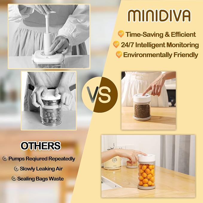 Minidiva Smart Vacuum Container, Automatic Electric Airtight Glass Jar for Food Coffee Storage Meal Prep (950ml)