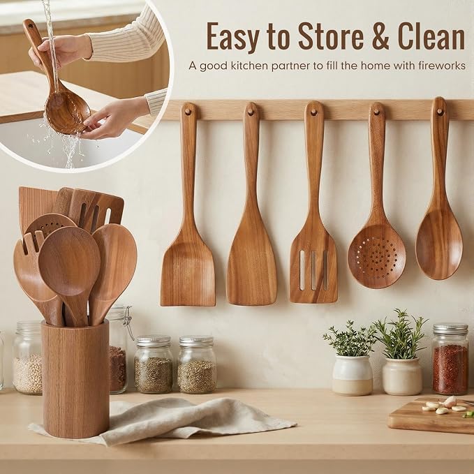 Wooden Cooking Utensils Set with Holder, 8 Pcs Teak Wood Kitchen Utensils for Nonstick Cookware, Wooden Spoons and Spatulas for Cooking, Farmhouse Kitchen Accessories