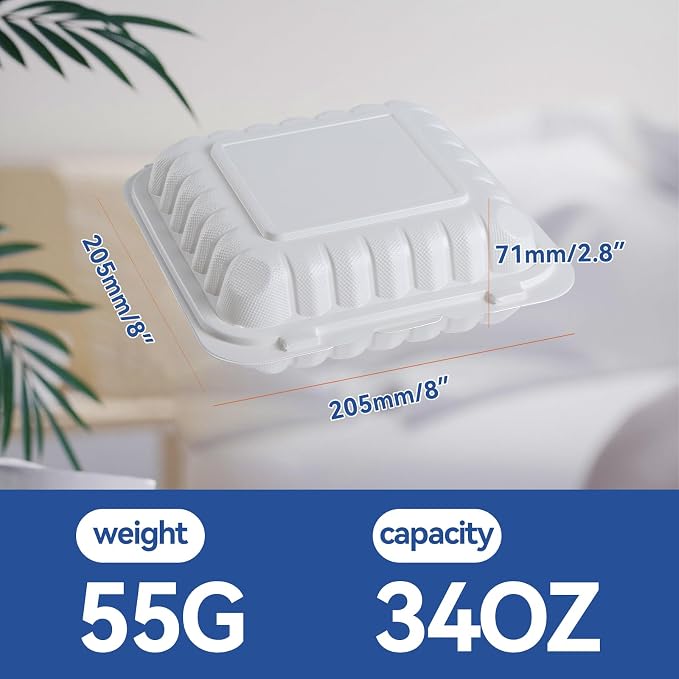 White To Go Containers 8" 34 oz 55 Pack - Shrink Wrap Ready to Use | Mineral Filled PP BPA Free Clamshell Boxes | Food Grade Freezer Microwave Dishwasher Safe | Bulk for Catering & Restaurants