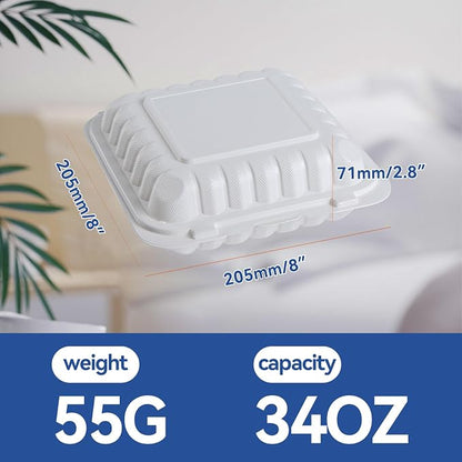 White To Go Containers 8" 34 oz 55 Pack - Shrink Wrap Ready to Use | Mineral Filled PP BPA Free Clamshell Boxes | Food Grade Freezer Microwave Dishwasher Safe | Bulk for Catering & Restaurants