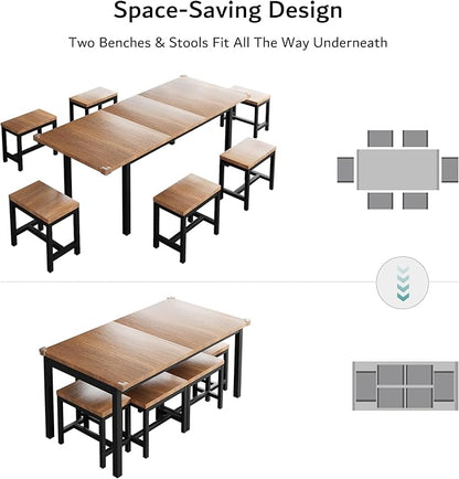 iPormis 7-Piece Dining Table Set with 6 Stools, 63" Extendable Kitchen Table Set for 4-8, Modern Dining Room Table with Sturdy Metal Frame, Space-Saving Dinette, Walnut