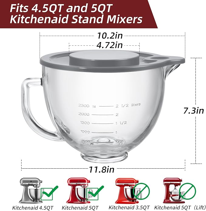 Stand Mixers Bowl for Kitchenaid 4.5 Quart and 5 Quart, Glass Mixing Bowl with Lid and Measurement Markings
