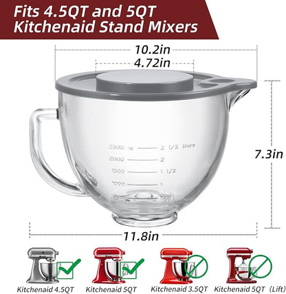 Stand Mixers Bowl for Kitchenaid 4.5 Quart and 5 Quart, Glass Mixing Bowl with Lid and Measurement Markings