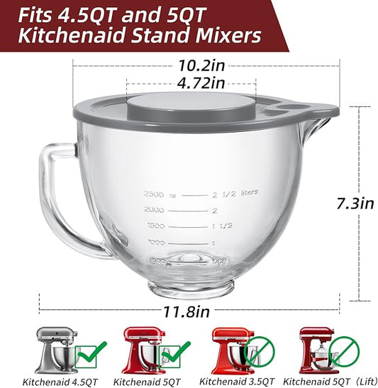 Stand Mixers Bowl for Kitchenaid 4.5 Quart and 5 Quart, Glass Mixing Bowl with Lid and Measurement Markings