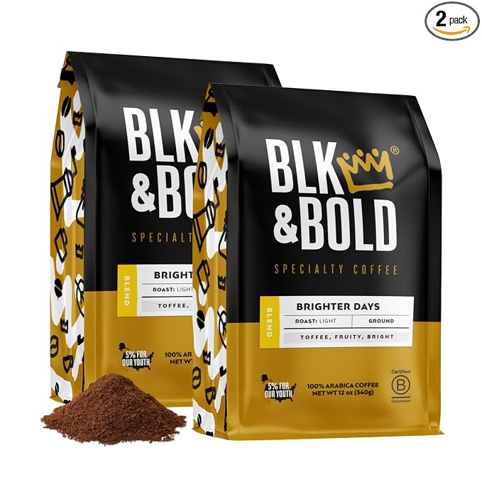 BLK & Bold Ground Coffee, Brighter Days Light Roast, Fruity Toffee Flavor Notes, For Drip Coffee Maker, French Press & Coffee Pot, 12 oz Bags (2 Pack)