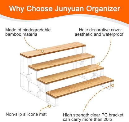 junyuan Spice Rack Organizer for Cabinet,4 Tier Spice Organization for Kitchen,Bathroom Organizers and Storage,Seasoning Countertop Shelf,Bamboo Display Shelves Racks,Clear 14"