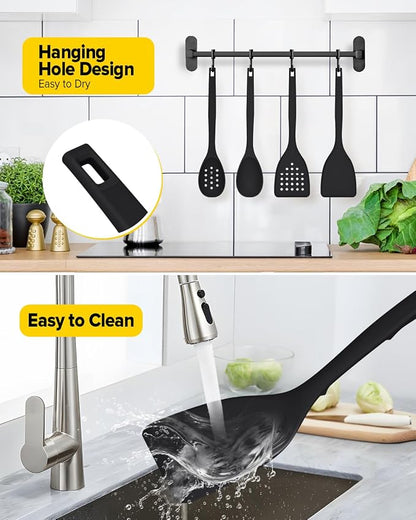 Pack of 4 Silicone Cooking Utensils Set, Non Stick Solid Spatulas and Heat Resistant Slotted Spoons with Back Hooks, Ideal BPA Free Kitchen Utensils Set for Frying,Serving,Turning,Stirring (BLACK)