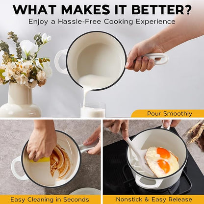 Onader Enameled Cast Iron Saucepan, 3 QT Sauce Pan with Lid, Cast Iron Small Sauce Pot for Cooking, Enamel Dutch Oven Nonstick, Induction Compatible, Heavy Duty – White