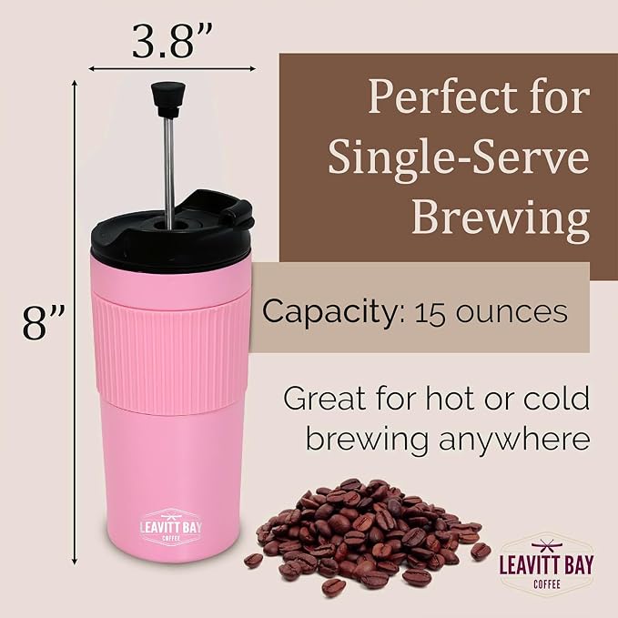 Portable French Press Travel Mug – Insulated Stainless Steel French Press Mug for Hot or Cold Brew – Durable Travel Coffee Maker – On-the-Go Tea & Coffee Maker (Pink)