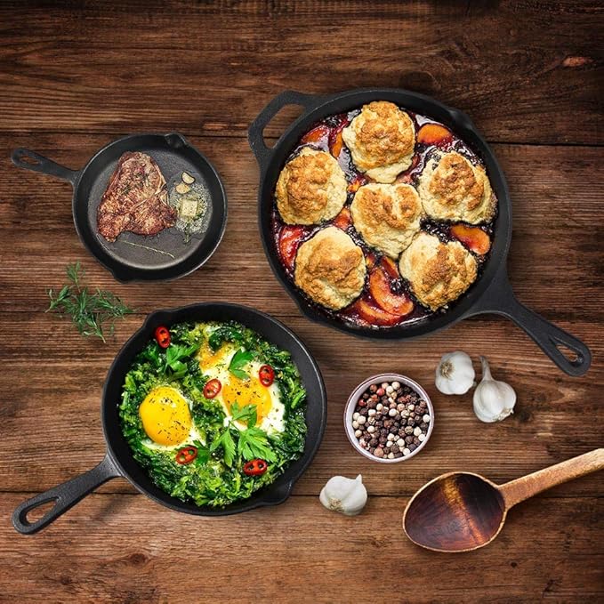 Suteck Cast Iron Skillets 3 piece set | 6", 8" & 10" Pre-Seasoned Cast Iron Pan with 3 Silicone Heat-Resistant Holders - Indoor and Outdoor Use - Oven Grill Stovetop Induction Safe Cookware