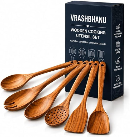 wooden Spoon 7 pics for Cooking - Smooth Finish Teak Woooden utensils for cooking- soft comfort-grip wood spoon for cooking-non-stick wooden cooking utensils- wooden spoon sets