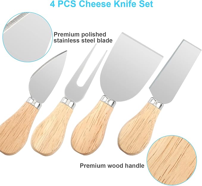 UUBAAR 4 PCS Cheese Knife Set for Charcuterie Board, Wood Handle Stainless Steel Cheese Slicer & Cutter Utensils with Mini Knife, Butter Knife, Fork
