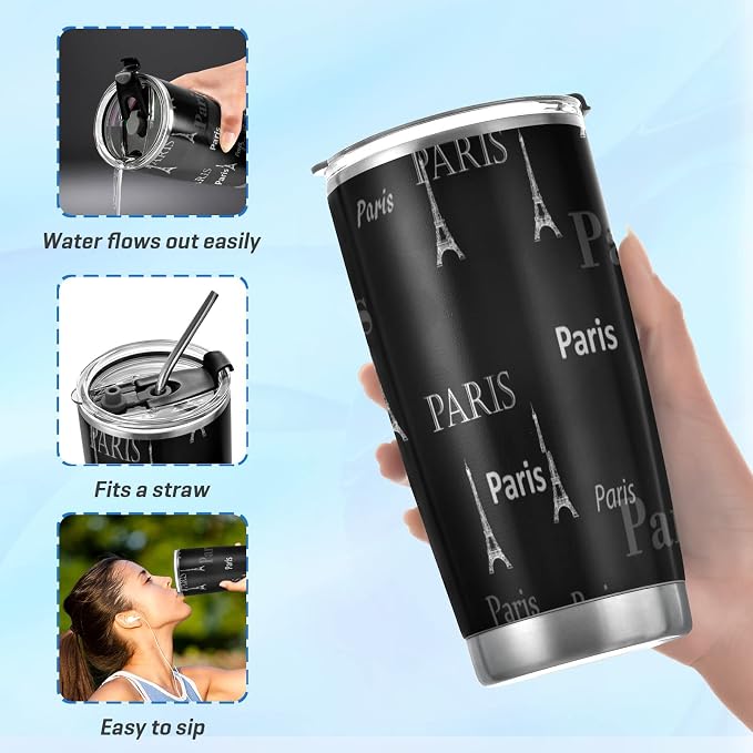 Tumbler Paris Eiffel Tower Cute Insulated Coffee Cup Beverage Container Travel Mug with Straw and Lid Double Wall Stainless Steel 20oz Holiday Gift
