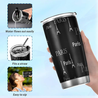 Tumbler Paris Eiffel Tower Cute Insulated Coffee Cup Beverage Container Travel Mug with Straw and Lid Double Wall Stainless Steel 20oz Holiday Gift