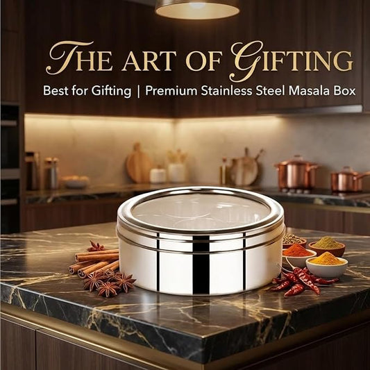 Taluka Stainless Steel Spice Container Box Indian Masala Dabba With 7 Compartments 4 Pcs Of Measuring Spoon & 7 Small Spoons For Home Restaurant Chefs 8x8 Inches