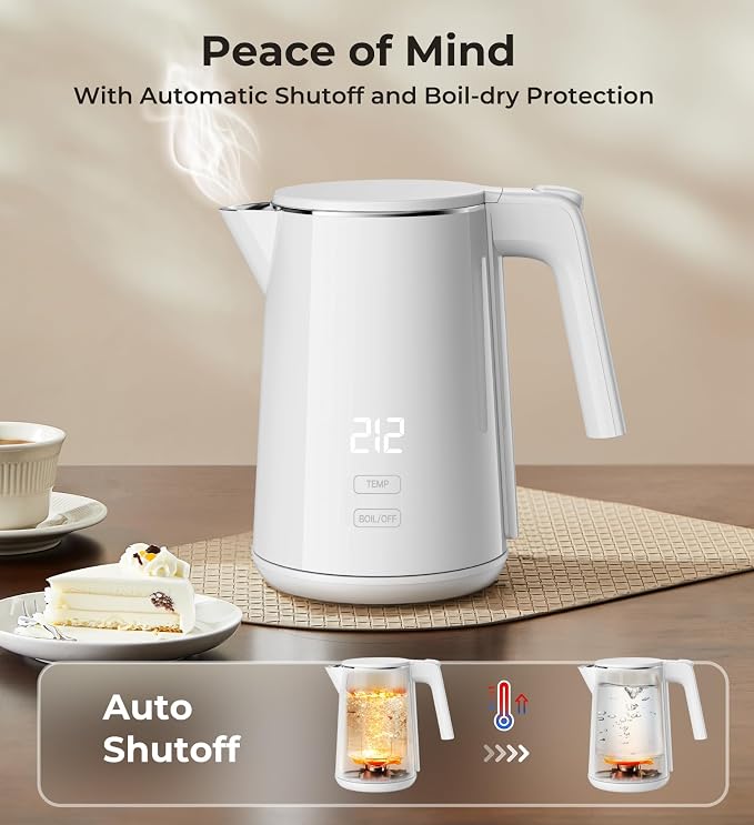 Electric Kettle with Digital Display & Temperature Control, 1.0L Stainless Steel Water Boiler, 1200W Fast Boiling, 4H Keep Warm, BPA-Free Auto Shut-Off, Tea Coffee Kettle for Home Office 120V, White