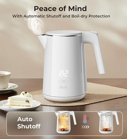 Electric Kettle with Digital Display & Temperature Control, 1.0L Stainless Steel Water Boiler, 1200W Fast Boiling, 4H Keep Warm, BPA-Free Auto Shut-Off, Tea Coffee Kettle for Home Office 120V, White