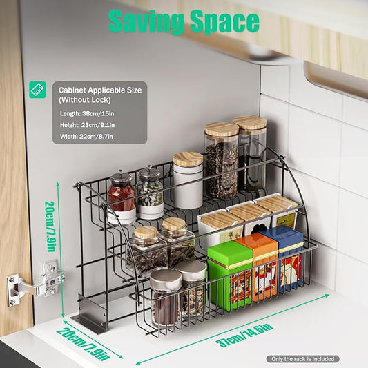 Pull Down Spice Rack for Upper Cabinets, 3-Tier Black Wire Organizer with Screw Mount for Deep Inside Storage