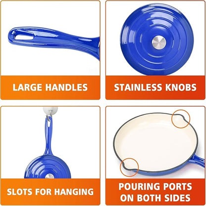 Hisencn Enameled Cast Iron Cookware Set - 7 Piece Dutch Ovens Set, Sauce Pan, Skillet, 3 Lids, Pots and Pans Set, Ceramic Coated Cast Iron, Heavy Duty, Gas/Induction Compatible, PFA Free
