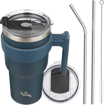 Konokyo 30 oz Tumbler with Handle and 2 Straw 2 Lid, Insulated Water Bottle Stainless Steel Vacuum Cup Reusable Travel Mug, Navy Blue
