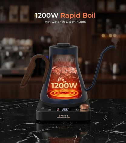 Epeios Electric Kettle, Gooseneck Electric Kettle with ±1°F Temperature Control, 1200W Rapid Heating for Pour Over Coffee & Tea, 304 Stainless Steel Interior, Auto Shut-Off, 0.9L, Blue