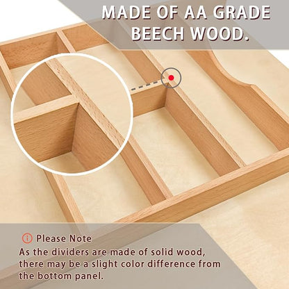 Silverware Drawer Organizer - Trim-to-Fit with Adjustable Dividers for Kitchen Utensil Storage, Beech Wood Frame with 11 Sizes (24" W x 22" D)