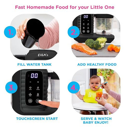 EVLA'S Double Baby Food Maker with 2 Steaming Baskets, Steamer, Blender, Grinder, Food Processor, Cook & Blends Healthy Baby Food in Minutes, Touch Screen, with 6 food pouches, Dark Grey