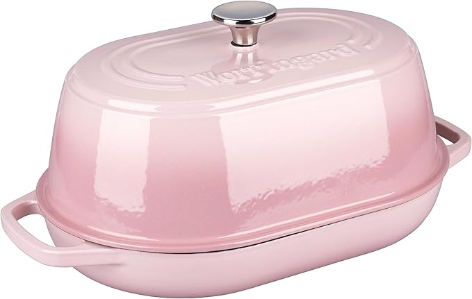 VORRINGARD Enameled Cast Iron Dutch Oven Pot with Dome Lid, Oval Bread Oven for Homemade Sourdough Bread Baking, Oven Safe up to 500°F, 6 Quart, Pink