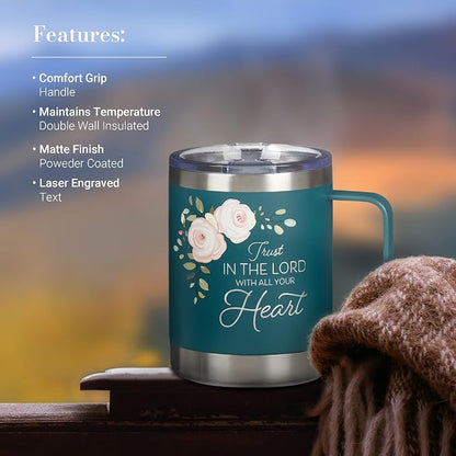 Christian Art Gifts Reusable Stainless Steel Double Wall Vacuum Insulated Camp Style Travel Mug w/Handle for Women: Trust in the Lord Inspirational Bible Verse, BPA-free Retractable Lid, Teal, 11 oz.
