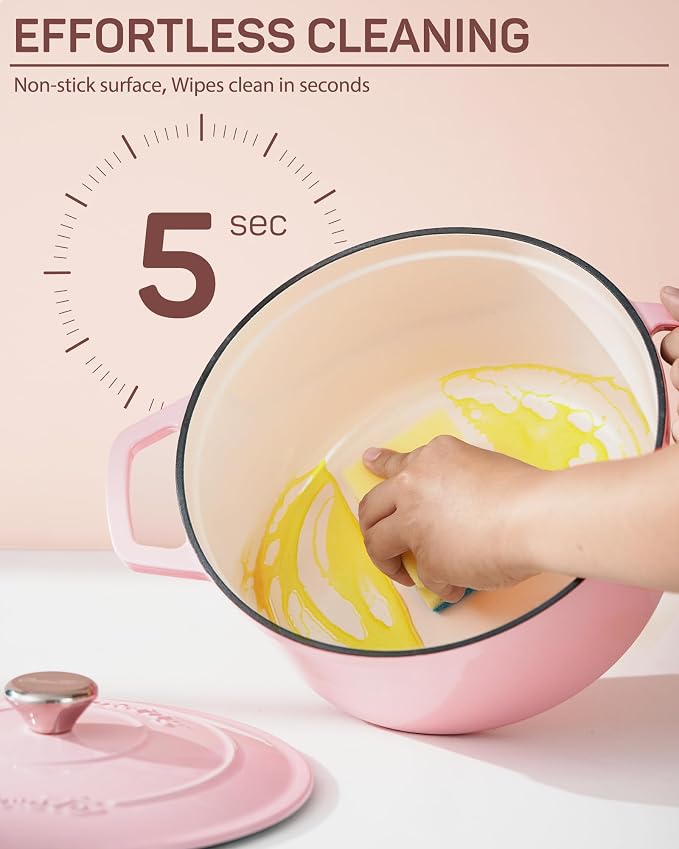 Ciwete Enameled Cast Iron Dutch Oven – 4.4 Quart Pot with Lid & Potholders – Heavy-Duty Cookware for Bread Baking, Braising, Stews & Roasting – Oven & Stovetop Safe up to 500°F – Pink