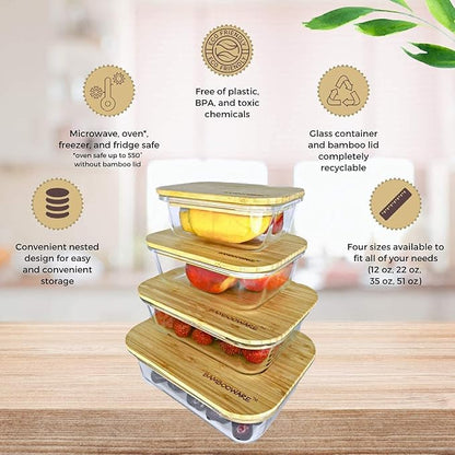Bambooware Glass Containers with Lids | Non Plastic Glassware Set - Natural Raw Organic Wooden Bamboo Lids | Set of 4 | Reusable, BPA Free | Perfect for Meal Prep, Lunch, Leftovers, Kitchen